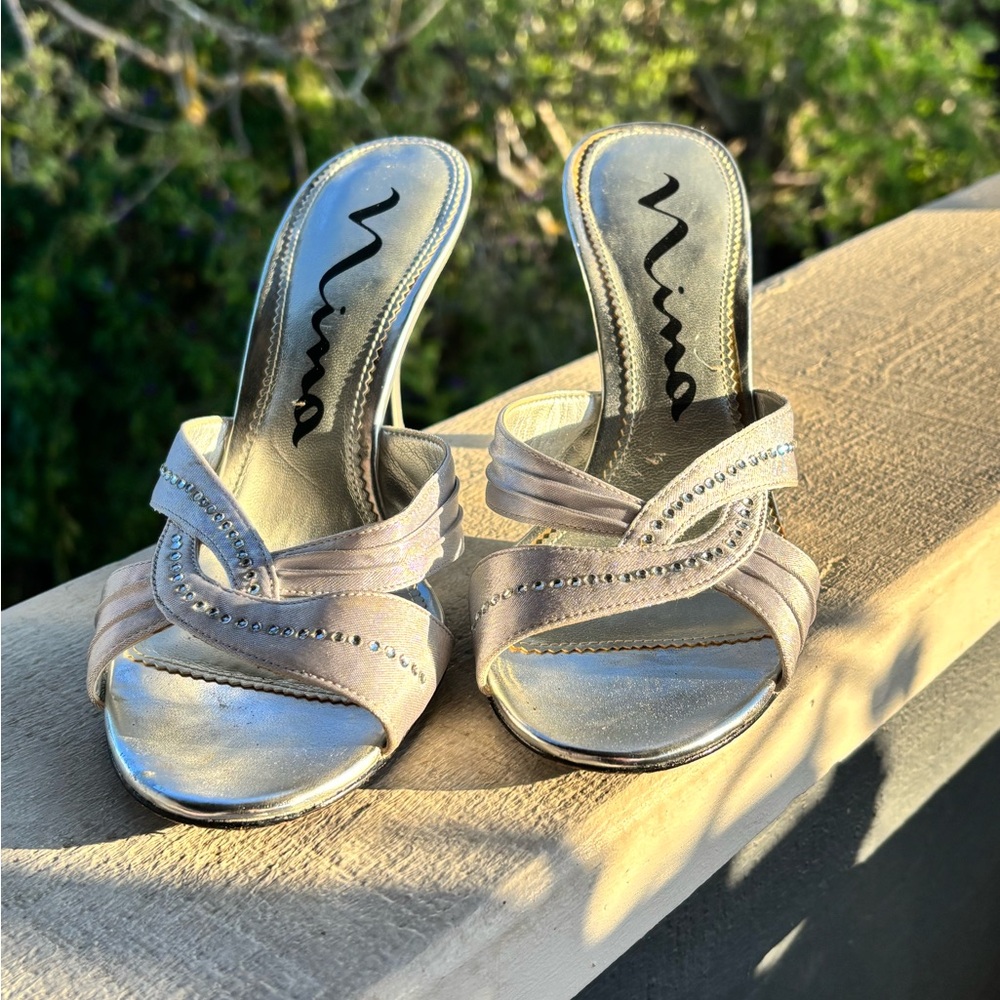 Nina Shimmering Silver Crisscross Heeled Sandals